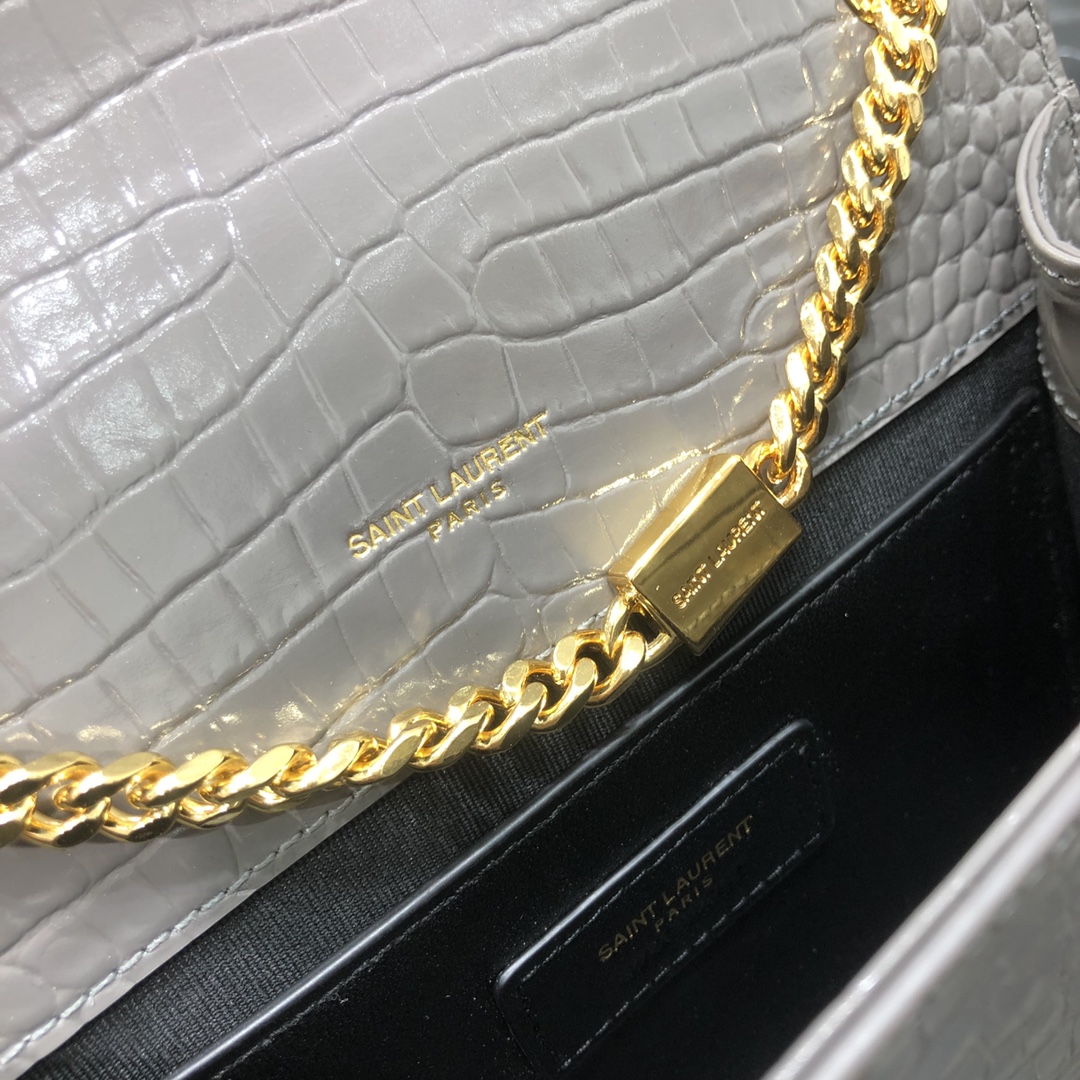 Saint Laurent Kate Tassel Small Crocodile Embossed Calfskin Shoulder Bag Handbag Grey 474366 Gold